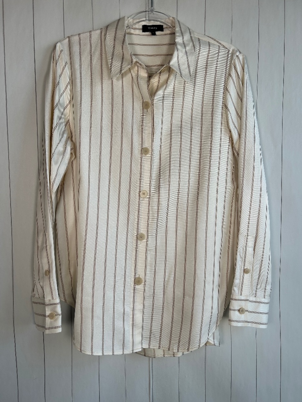 Theory women size L long sleeve button up shirt ivory brown stripe viscose cotto